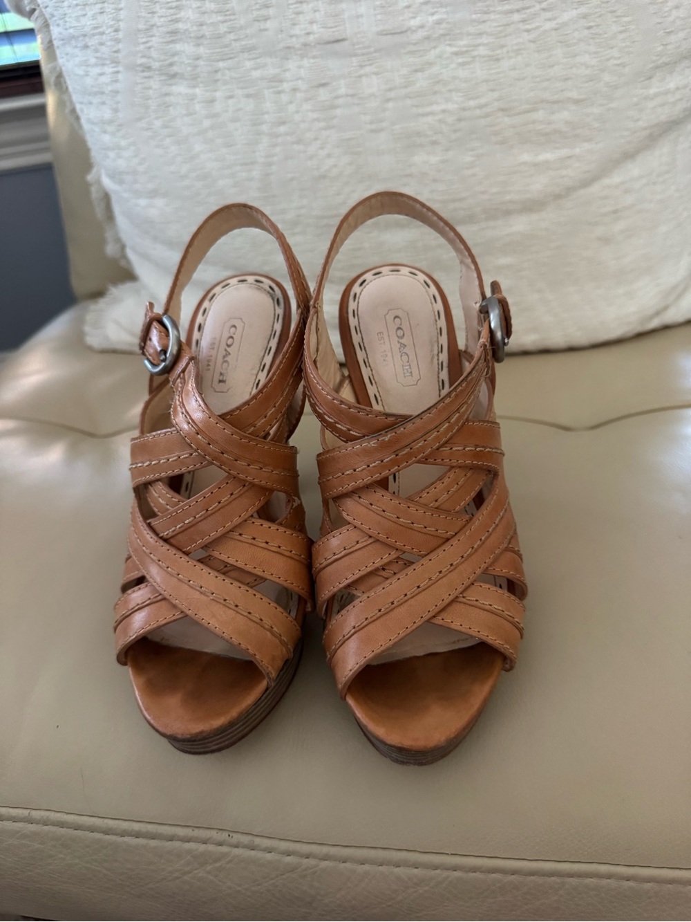 Coach Brown Woven Leather Slingback Heels